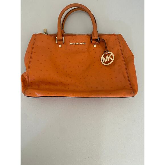 Michael Kors Sutton Ostrich Leather Top Handle Purse Bag Tangerine Rust Orange - Picture 1 of 6